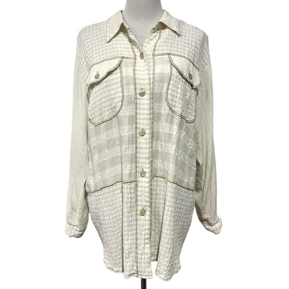 Saint Germain Paris Vintage Womens Sz L Button Up Top Beige Cream Check Pockets - Picture 1 of 9